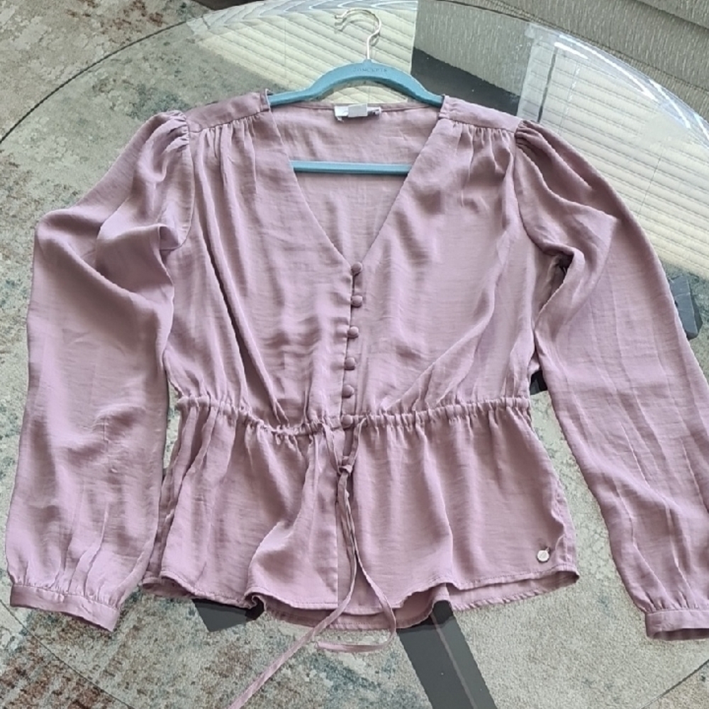 Pink Puff Sleeve Peplum Blouse with Tie Front